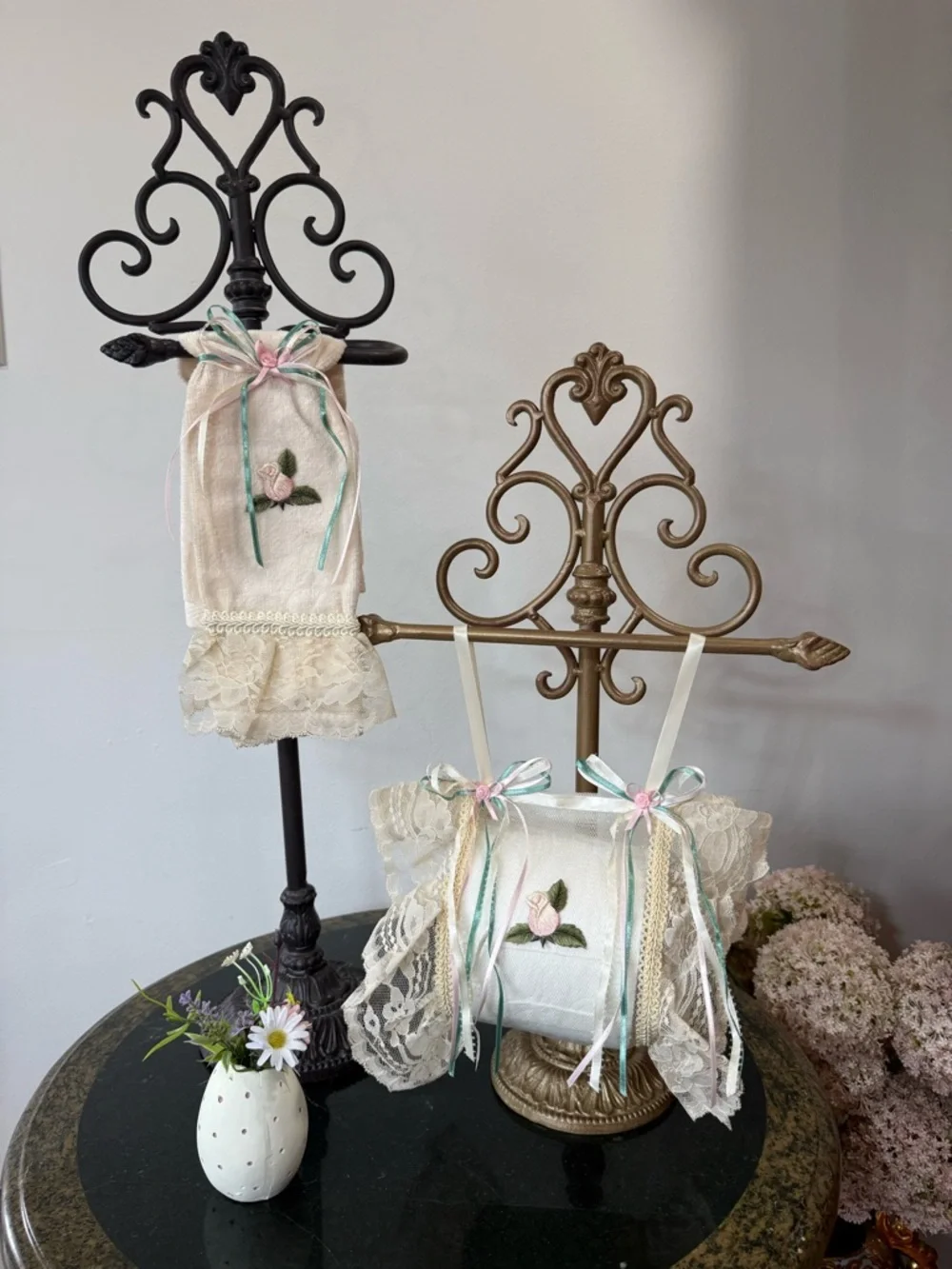 🌸 Hand Crafted Cream Lace Hand Towel and Toilet Paper Holder 🌸